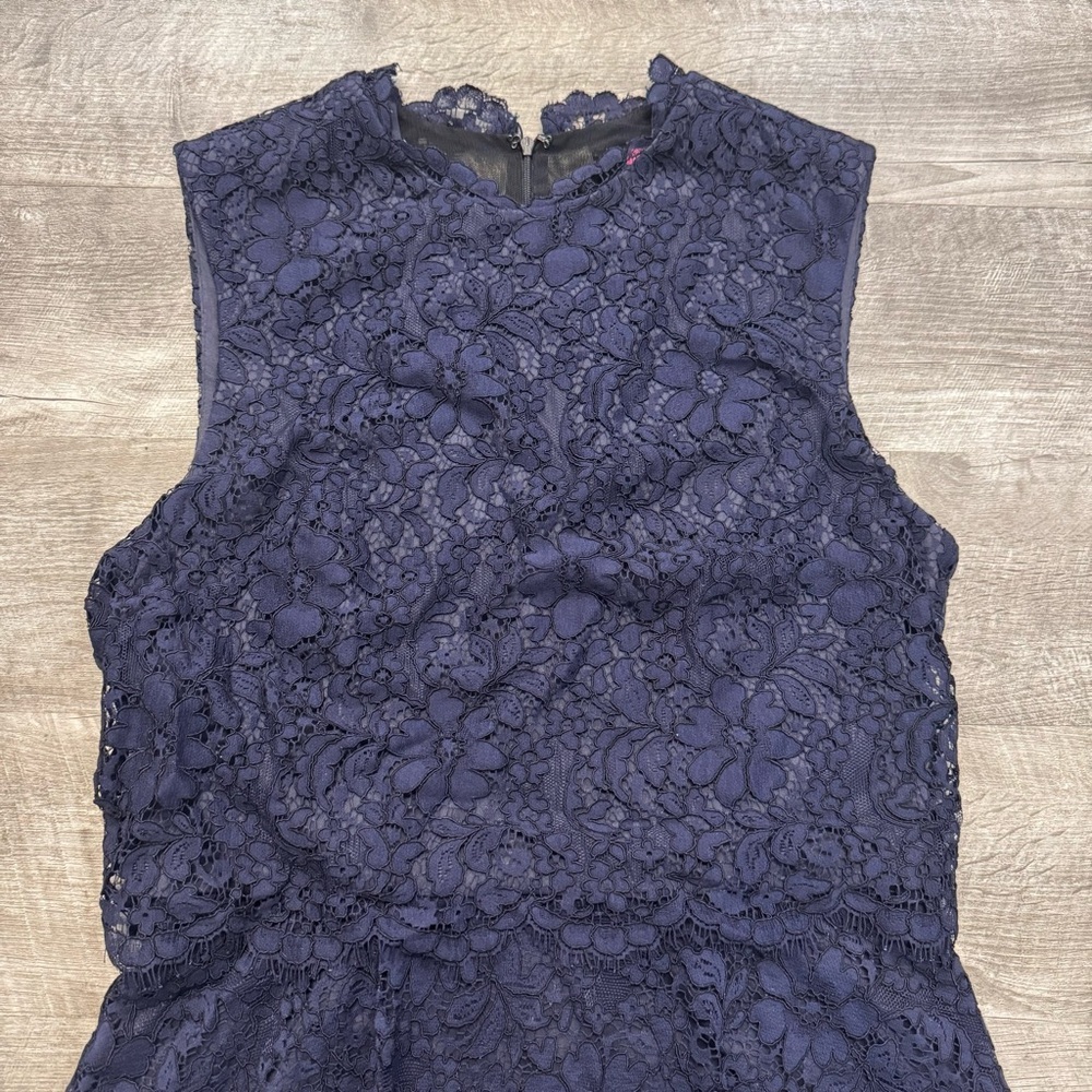 Betsy Johnson Navy Blue Lace Knee Length Dress Sz. 14 Small Mesh Back Lined - Picture 3 of 8
